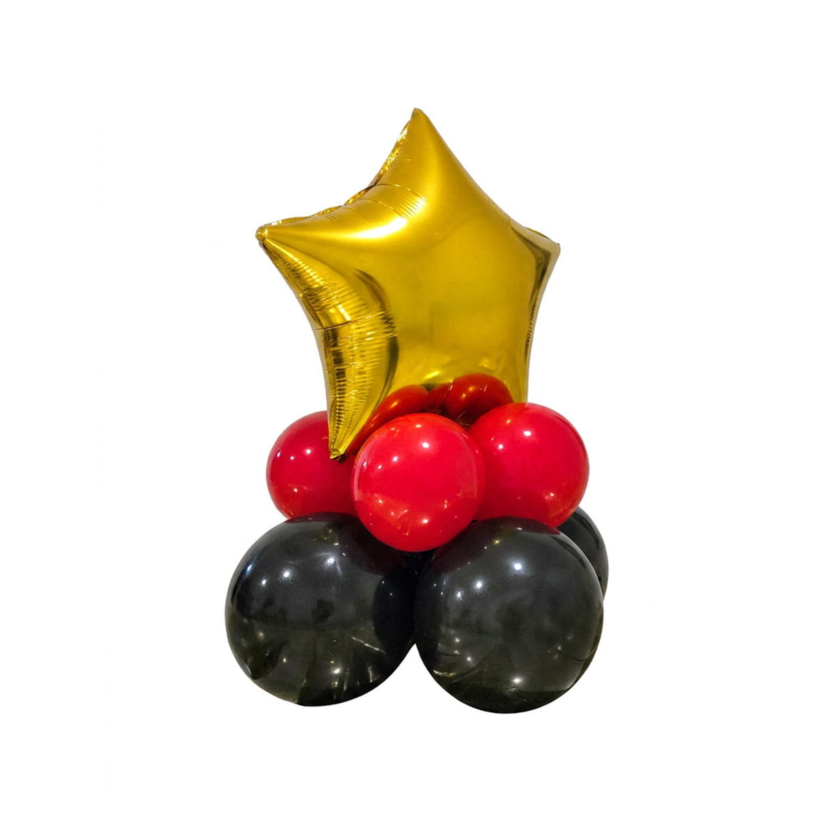 Centro de mesa compacto con estrella dorada y base de globos.
