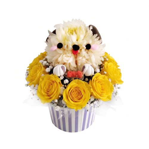 Arreglo Floral de Perrito con Flor Natural y Rosas Amarillas