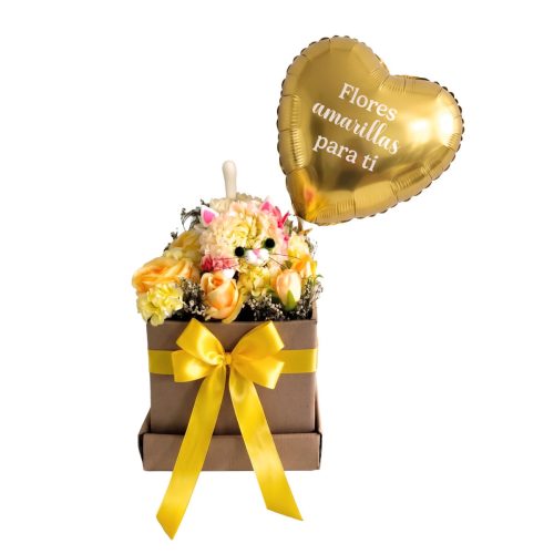 Arreglo de Flores Amarillas con Gatito de Flores y Globo de Corazón Personalizado para Regalar, entregas en Ciudad de Guatemala