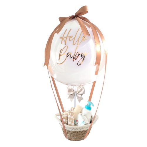 Arreglo con globo burbuja texto Hello Baby con accesorios para bienvenida de Bebé