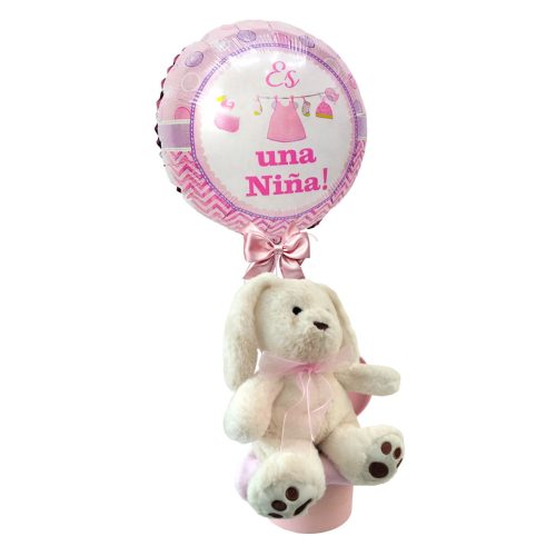 Arreglo de Globo para beba con peluche, caja rosa y mantita.