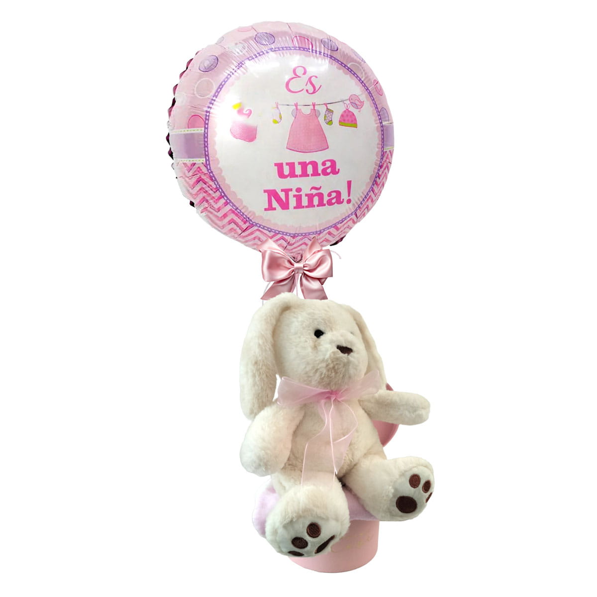 Arreglo de Globo para beba con peluche, caja rosa y mantita.