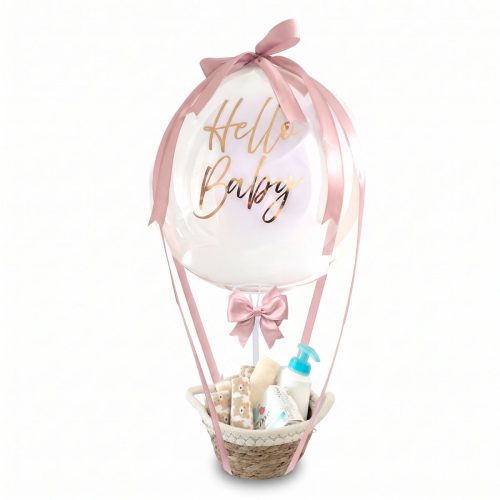 Arreglo con globo burbuja texto Hello Baby con accesorios para bienvenida de Bebé genero femenino