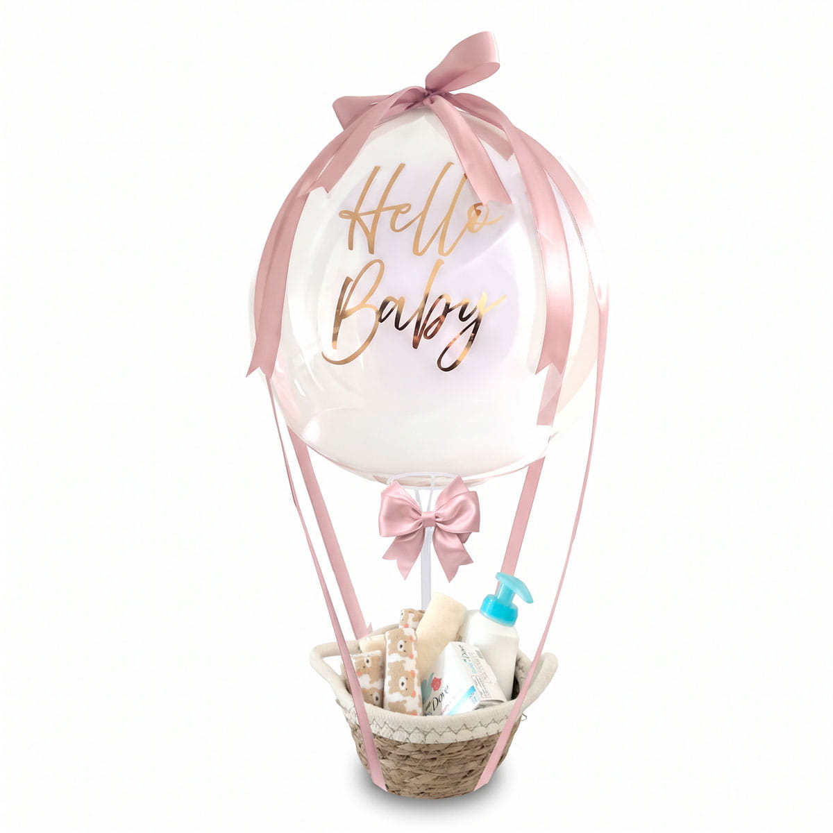Arreglo con globo burbuja texto Hello Baby con accesorios para bienvenida de Bebé genero femenino