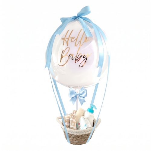 Arreglo con globo burbuja texto Hello Baby con accesorios para bienvenida de Bebé genero Masculino