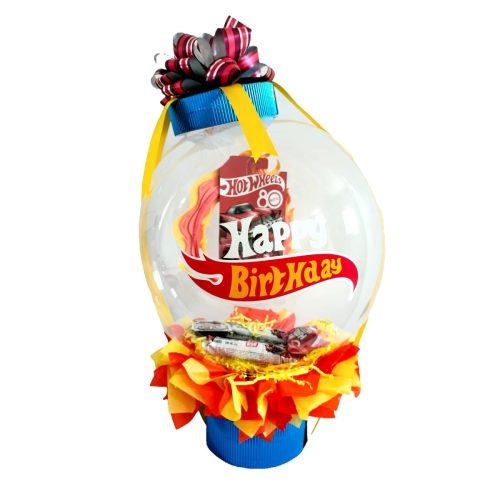 Arreglo de Globo Burbuja con Carrito Hot Wheels y Chocolates