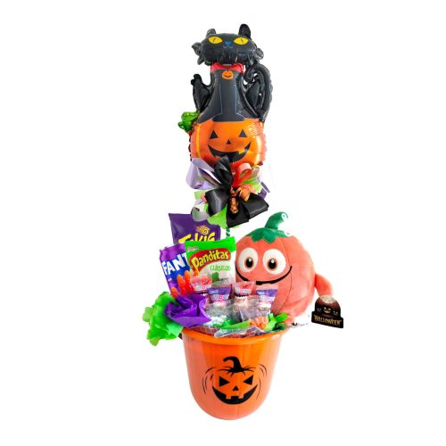 Arreglo de globo calabaa y gatito negro especial de halloween con golosinas