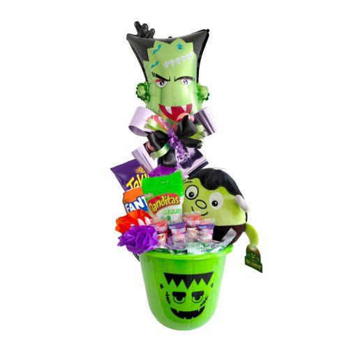 Arreglo de Globo Frankeinstein, edición especial Halloween listo para regalar con golosinas, gaseosa, juguete y peluche.