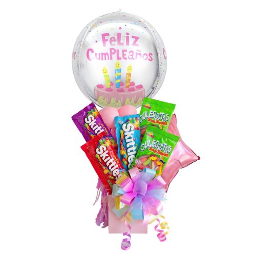 Arreglo de globos para celebración de cumpleaños con gomitas para tu novia o amiga