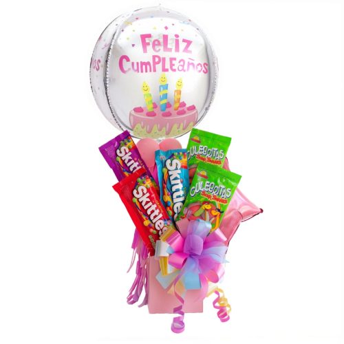Arreglo de globos Feliz Cumpleaños regalo para niña o adolescente con gomitas