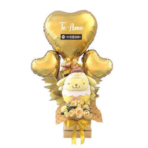 Arreglo de Globos con Flores Amarillas y peluche de Pompompurin para Regalar este 21 de Septiembre, Entrega en Ciudad de Guatemala