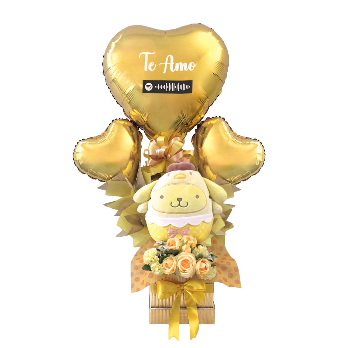 Arreglo de Globos con Flores Amarillas y peluche de Pompompurin para Regalar este 21 de Septiembre, Entrega en Ciudad de Guatemala