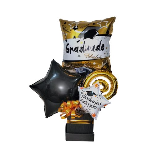 Arreglo de Globos para regalar en graduación en tonos negro y dorado