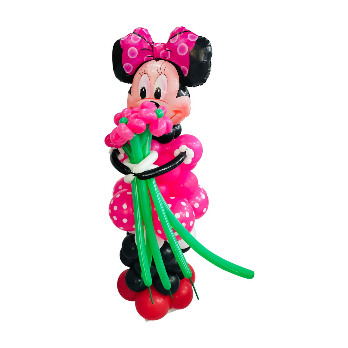 Detalle de arreglo de globos gigante con figura de ratona y ramo de flores en globos de látex.