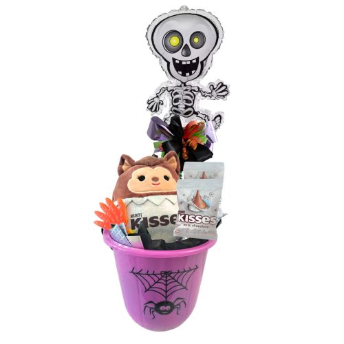 Arreglo de globo edición especial halloween con peluche lobo marca Squishmallows y chocolates Kisses