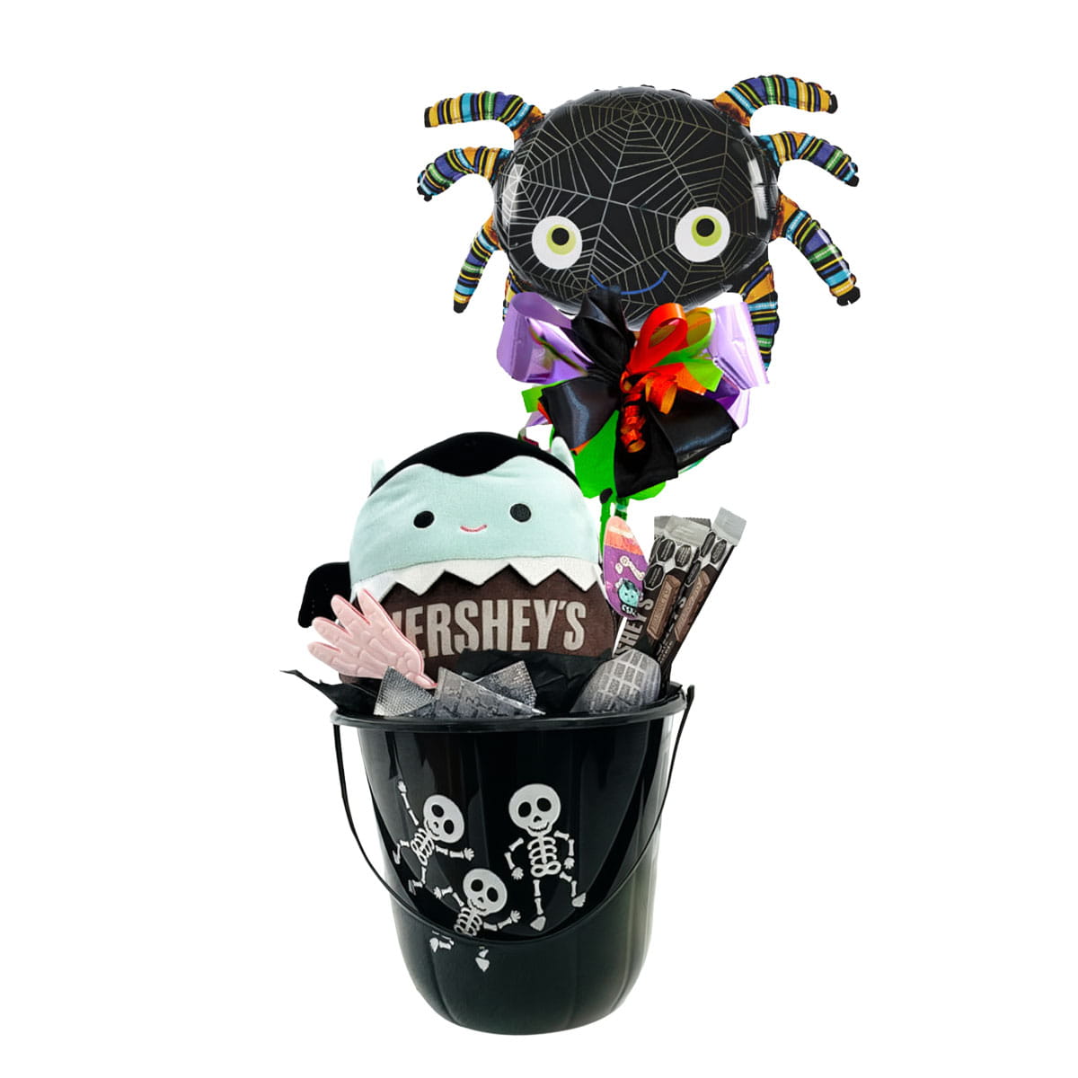 Arreglo de globos para halloween con peluche Dracula y Hersheys