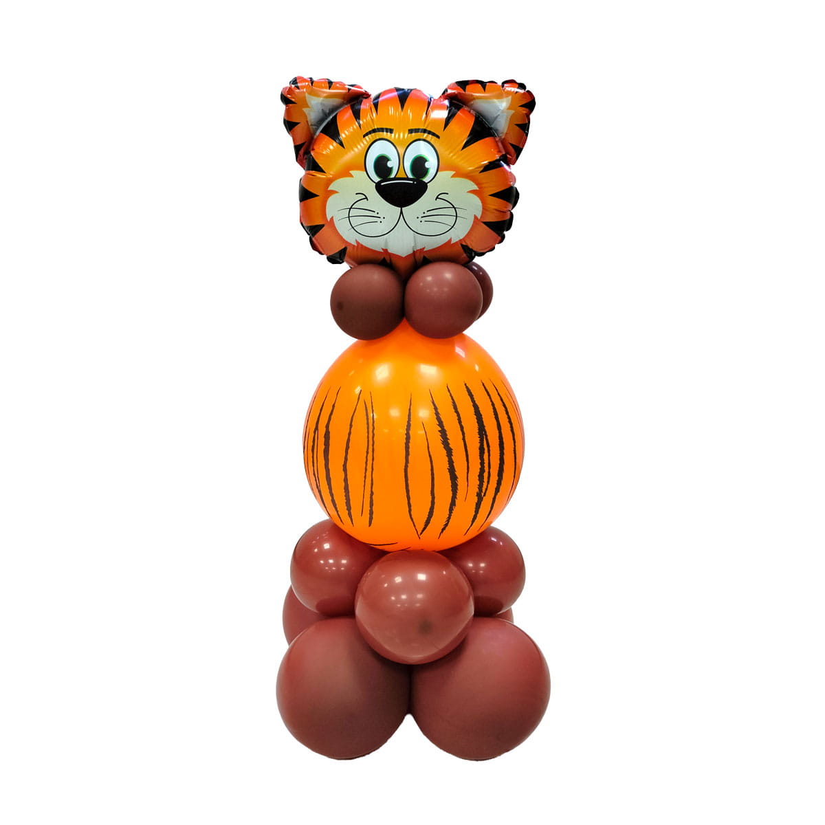 Arreglo centro de mesa con globos de tigre metalizado y base naranja para fiestas infantiles safari