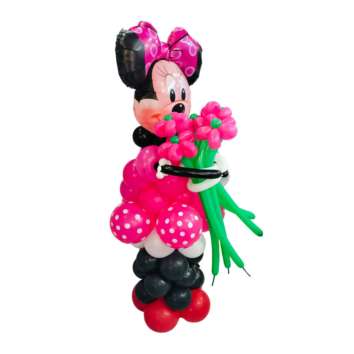 Columna decorativa de globos con personaje de ratona rosa con lunares blancos y ramo de flores con globos.